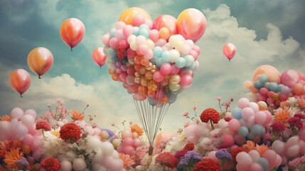 A beautiful arrangement of colorful balloons and flowers Generative AI
