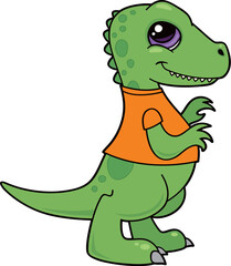 Vector cartoon illustration of a green baby Tyrannosaurus Rex dinosaur wearing an orange shirt.