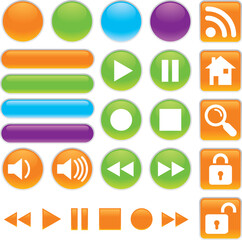 Vector Audio and Video Shiny Gel Button Set. Included are stop, play, pause, fast forward, reverse, search, lock, unlock, volume, etc.