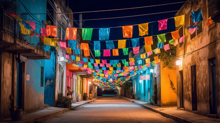 Fototapeta premium A vibrant street decorated with colorful banners and lights Generative AI
