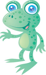 Cute little happy frog smiling and waving. Drawn in a humorous cartoon style.