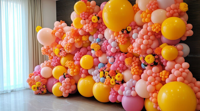 A beautiful arrangement of colorful balloons and flowers Generative AI
