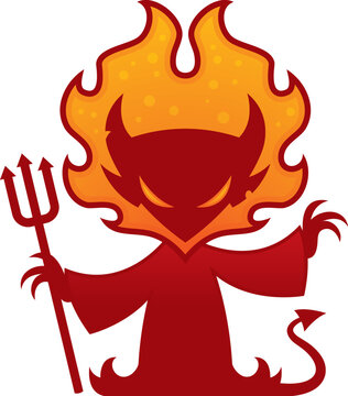 Vector drawing of a devil with flames around his head holding a pitchfork.