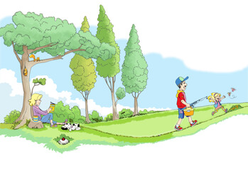 family taking a walk in the forest, mother, father, child, father and child going fishing, dog, trees, greenery, walking in the forest, mother reading a book