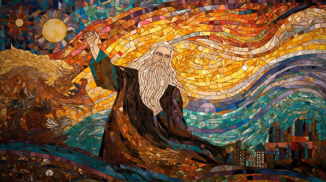 A colorful mosaic artwork depicting the story of Prophet Ibrahim Generative AI