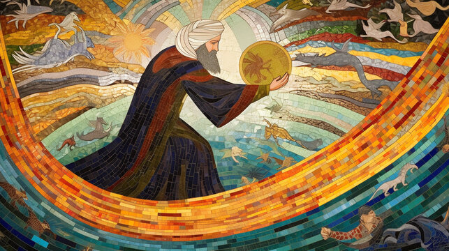 A colorful mosaic artwork depicting the story of Prophet Ibrahim Generative AI