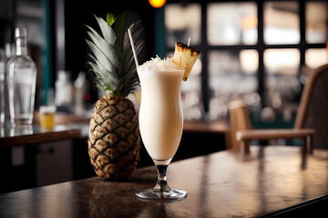 Pina colada in a glass on a bar counter, generative AI - obrazy, fototapety, plakaty