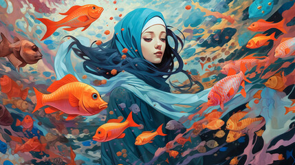 Obraz na płótnie Canvas A captivating underwater world where a girl in a burqa gracefully swims alongside colorful fish and coral reefs Generative AI