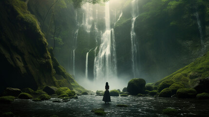 A majestic waterfall cascading down moss-covered rocks, with a girl in a flowing burqa standing in awe of its beauty Generative AI