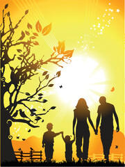 Obraz na płótnie Canvas Happy family walks on nature, sunset