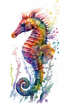 Rainbow seahorse on white background, watercolor illustration, generative AI