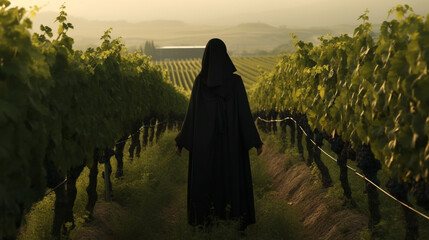A picturesque vineyard with rows of grapevines, where a girl in an elegant burqa appreciates the peaceful ambiance Generative AI