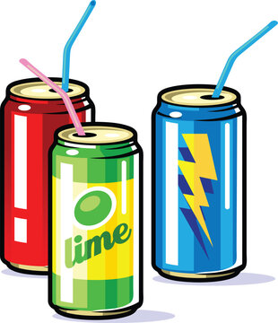 A vector beverages in tin  cans with straws