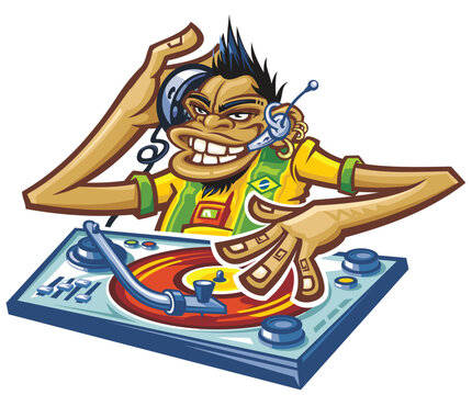 A cartoon comic Dj monkey  is  playing a record  dressed in a Brazilian shirt