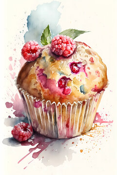 Raspberry muffin on white, watercolor illustration, generative AI