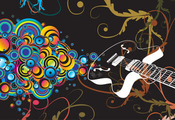 Colorful retro guitar singing bubbles background