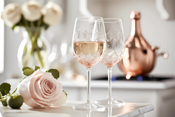 Rose sparkling wine in a white kitchen on the countertop, generative AI