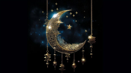 A celestial scene depicting the moon and stars elegantly intertwined with a Muslim rosary, symbolizing the divine connection between heaven and earth Generative AI