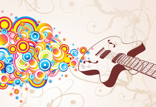 Colorful retro guitar singing bubbles background