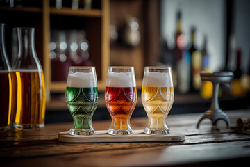 Flight of beer for tasting on a bar counter with a blurred background, generative AI
