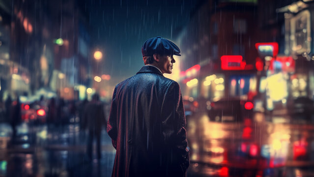 Peaky blinder in citylife, Rainy night	
