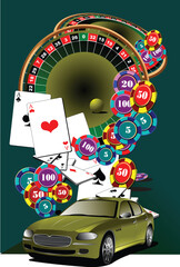 Casino elements with car image. Roulette. Black Jack. Vector illustration