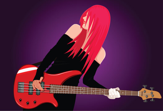 Vector illustration of smiling rock girl with red bass guitar