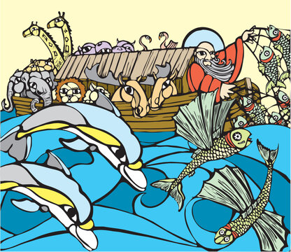 Noah fishes of the side of his Ark while dolphins play.