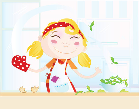 Cooking girl have fun in the kitchen.Vector Illustration