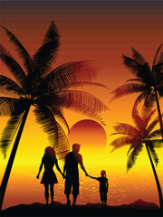 Silhouettes of a family walking on a tropical beach