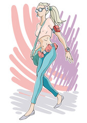 The going girl-teenager with a bag and with ear-phones.