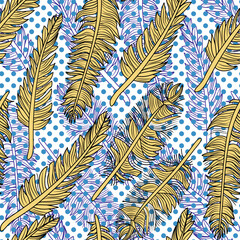 seamless pattern of yellow feathers and light blue dots. Vector illustration for the textile industry.