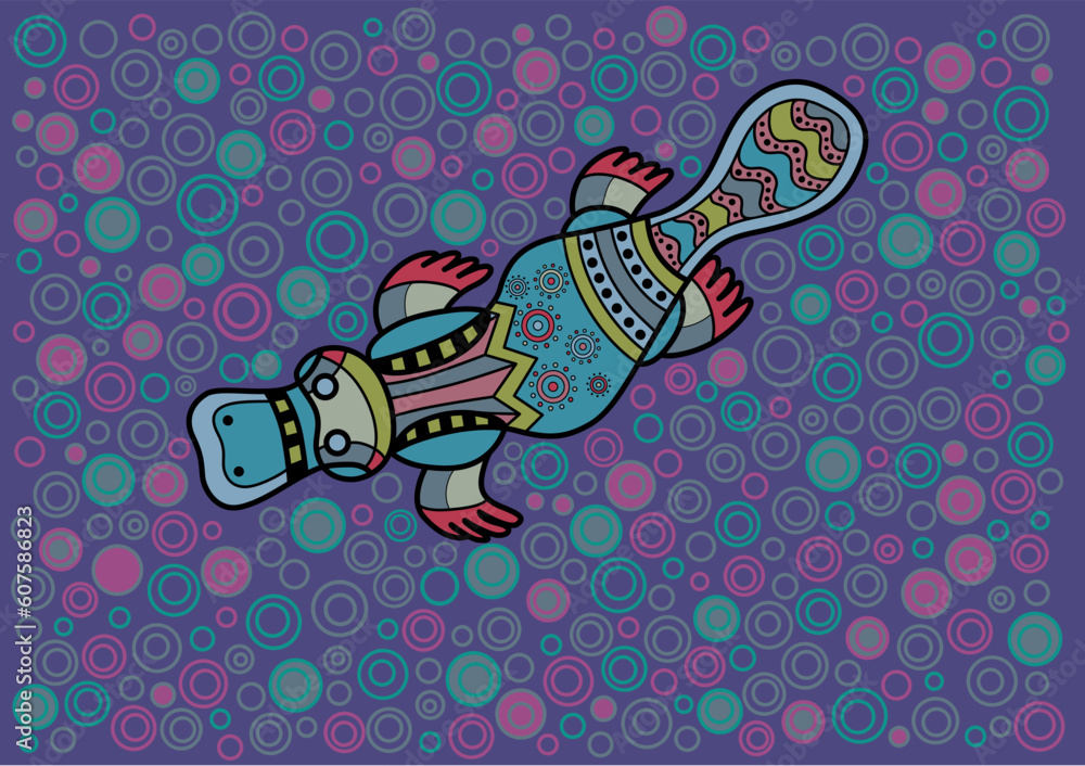Poster multicolored duck-bill in ethnic australian pattern style