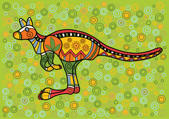 Multicolored kangaroo in ethnic Australian pattern style