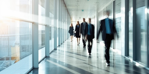 Several business people walk fast motion blur in the corridor of modern office. Generative AI AIG18.