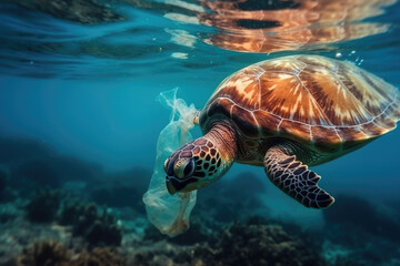 Sea turtle with plastic bag in ocean. Plastic waste pollution under water is environmental problem, created with Generative AI