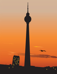 Obraz premium Vector slilhouette of Berlin TV tower agaist sunset sky, Germany