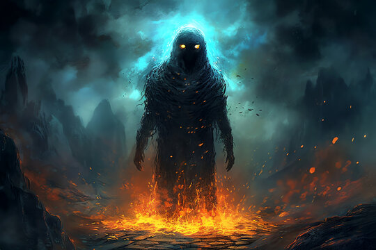 Dark shadow creature emerging from a bonfire - Generative AI