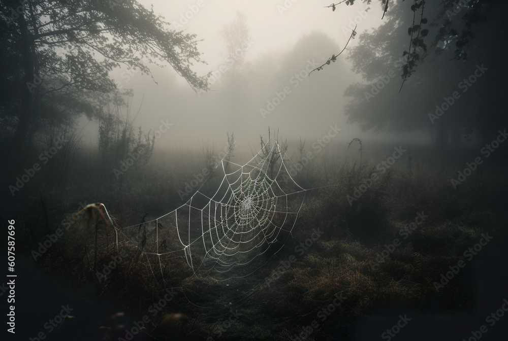Poster a spider web in the middle of a field. ai generative.