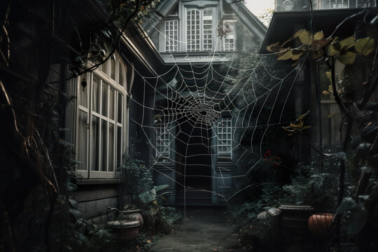 A house with a spider web in front of it. AI generative.