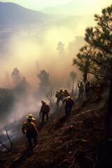A group of firemen working on a hillside. Generative AI. Putting out forest fire.