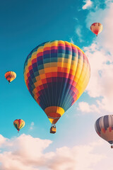 Fototapeta premium A group of hot air balloons flying through a blue sky. Generative AI.