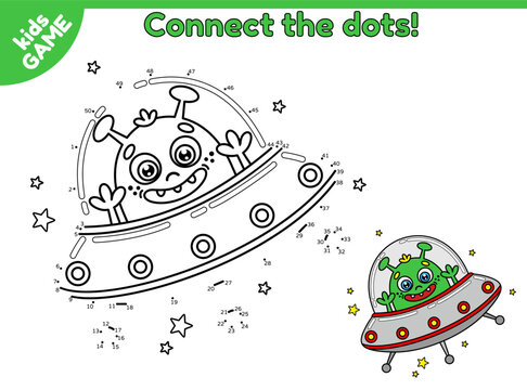 Dot to dot game for children. Connect the dots and draw a cartoon extraterrestrial in flying saucer. Page of activity book with cute alien and ufo. Vector space characters. Educational puzzle for kids