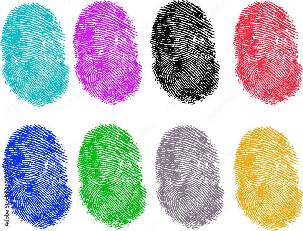 Poster 8 colored vector fingerprints - very accurately scanned and traced ( vector is transparent so it can