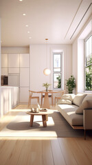 A living room filled with furniture and a dining table. Generative AI.