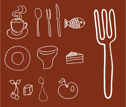 Collection of food and kitchenware icons on a brown background