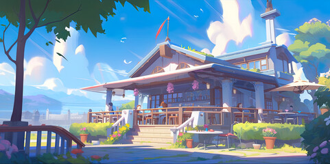 Fototapeta premium A cartoon house with a porch and a balcony. Generative AI.