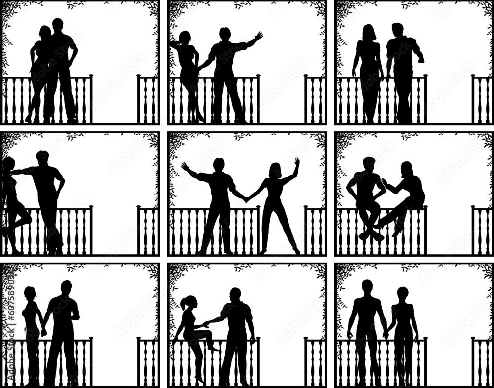 Poster set of editable vector illustrations of couples on a porch with people as separate objects