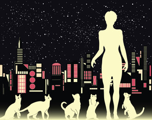 Editable vector illustration of a woman with cats
