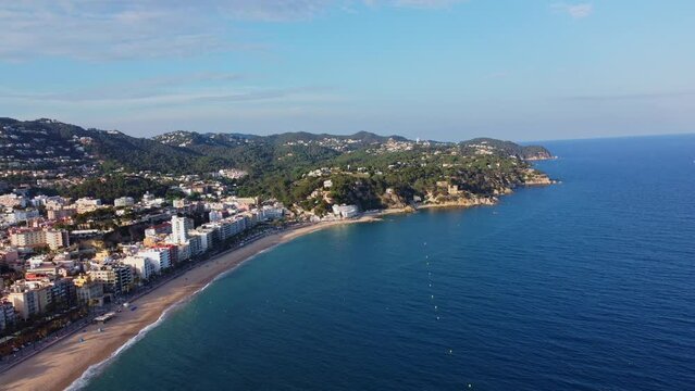 4K Drone Footage. Lloret De Mar. Aerial View Of Buildings City, Beach. Costa Brava. Spain. 21 may 2023